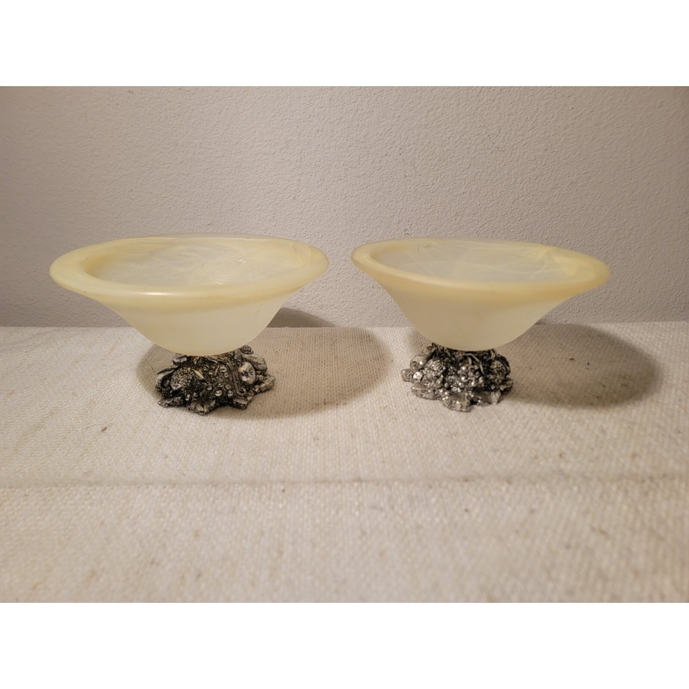 Pair Vintage Murano Style Yellow Frosted Marbled 6" Bowl Silver Fruit Pedastel